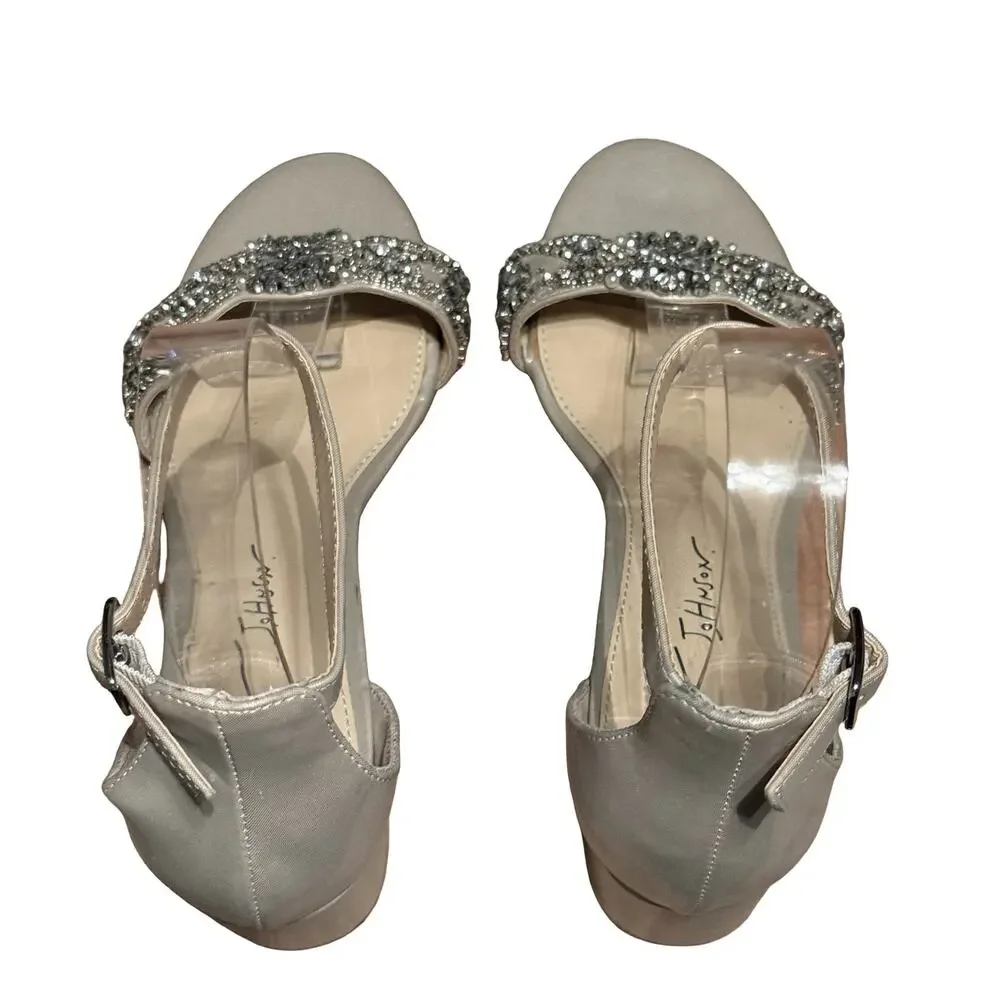 Betsey Johnson Mel Champagne Rhinestone Ankle Strap Block Heel Sandals Shoes 6.5